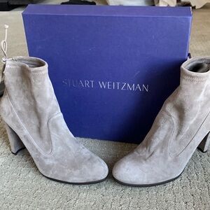 Booties. Worn once. Like new.3 1/2 inch heel. Color is a taupe gray
